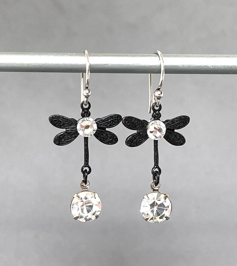 Small Dragonfly Black Dragonflies Crystal Dangle Lightweight Insect Petite Dainty Statement Earrings Butterfly Dangles image 4