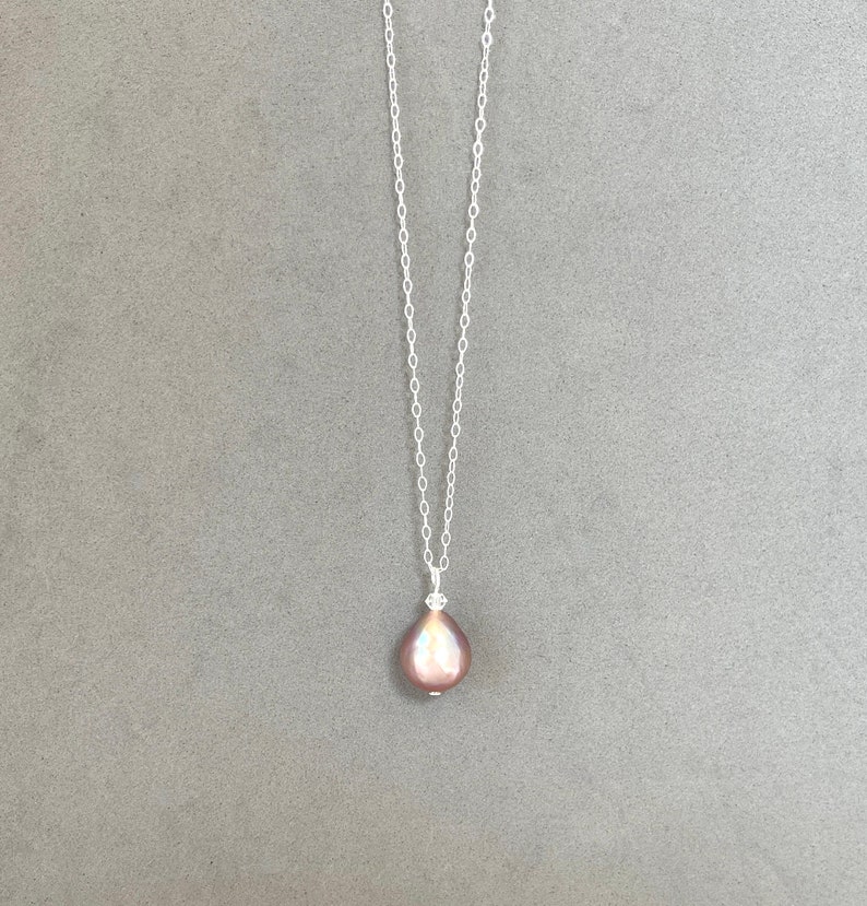 Large Baroque Pearl Dark Mauve Biwa 18 Inch Sterling Pearl Solitaire Keshi Pendant Dainty Delicate Pink Satin Pearls Classic image 4