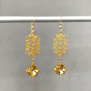 Gold Filigree Vintage Brass Topaz Crystal Statement Earring Light Rauchtopas Lightweight Delicate Taupe Brown Beige image 4