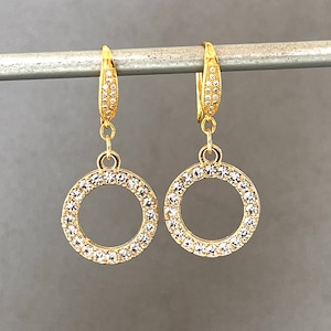 Cubic Zirconia Hoops CZ Hoop Pave Crystal Small Hoop Earring Dressy Circular Large Round Hoop Matte Gold Pave Formal Occasion image 1