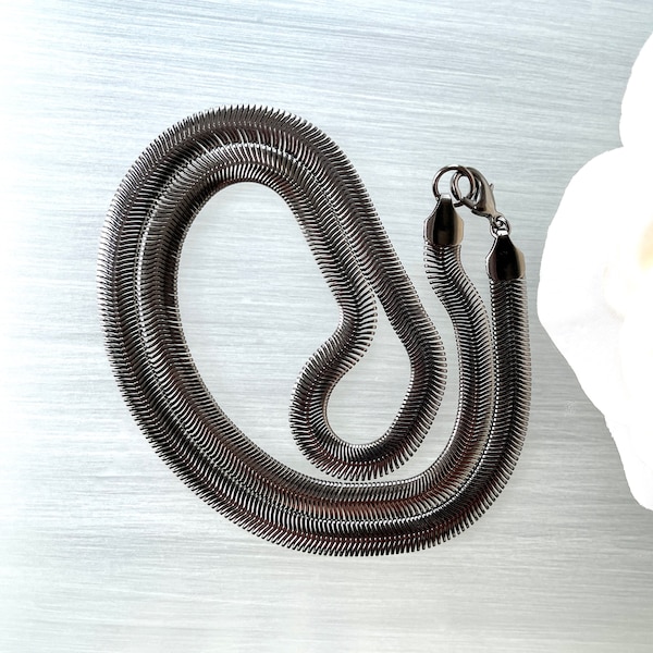 Flat Snake Chain - Black Herringbone - 8MM Gunmetal - Wide Thick Unisex - Layering