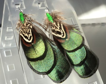 Pheasant Feathers - Shoulder Dusters - Lady Amherst - Boho Tribal Yoga - Festival Earring - Emerald Marquise