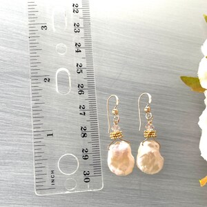 Large Keshi Pearls Natural Shape Baroque Pearl Light Pink Blush Biwa Pearl Earring Champagne Keshis Gold Pearl Earring image 2