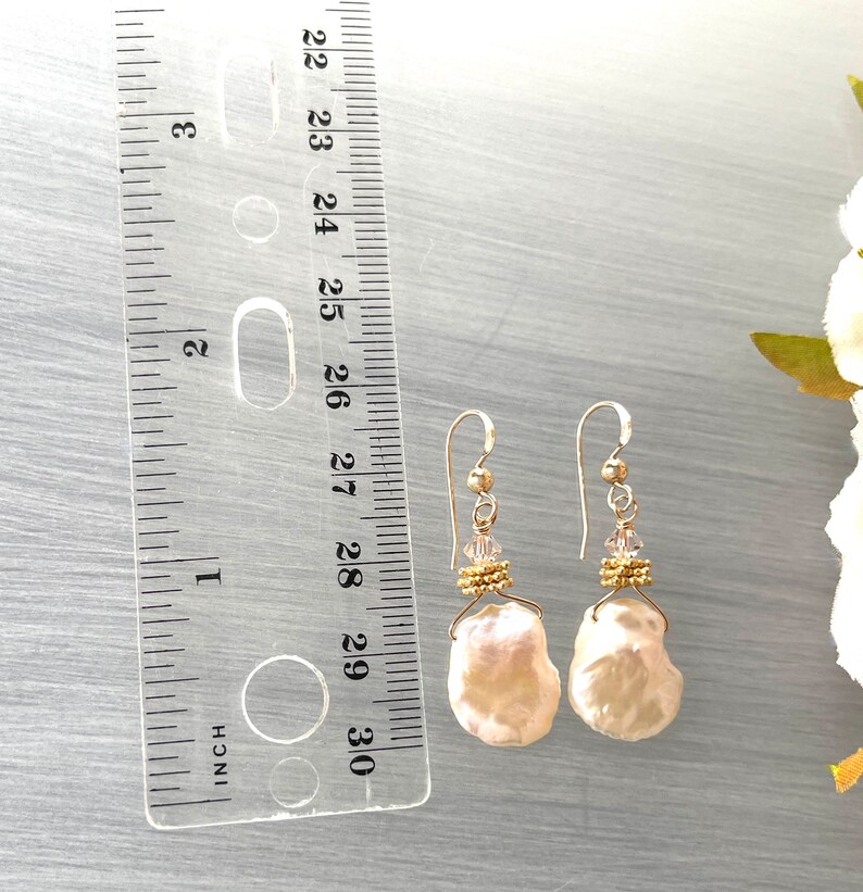 Large Keshi Pearls Natural Shape Baroque Pearl Light Pink Blush Biwa Pearl Earring Champagne Keshis Gold Pearl Earring image 2