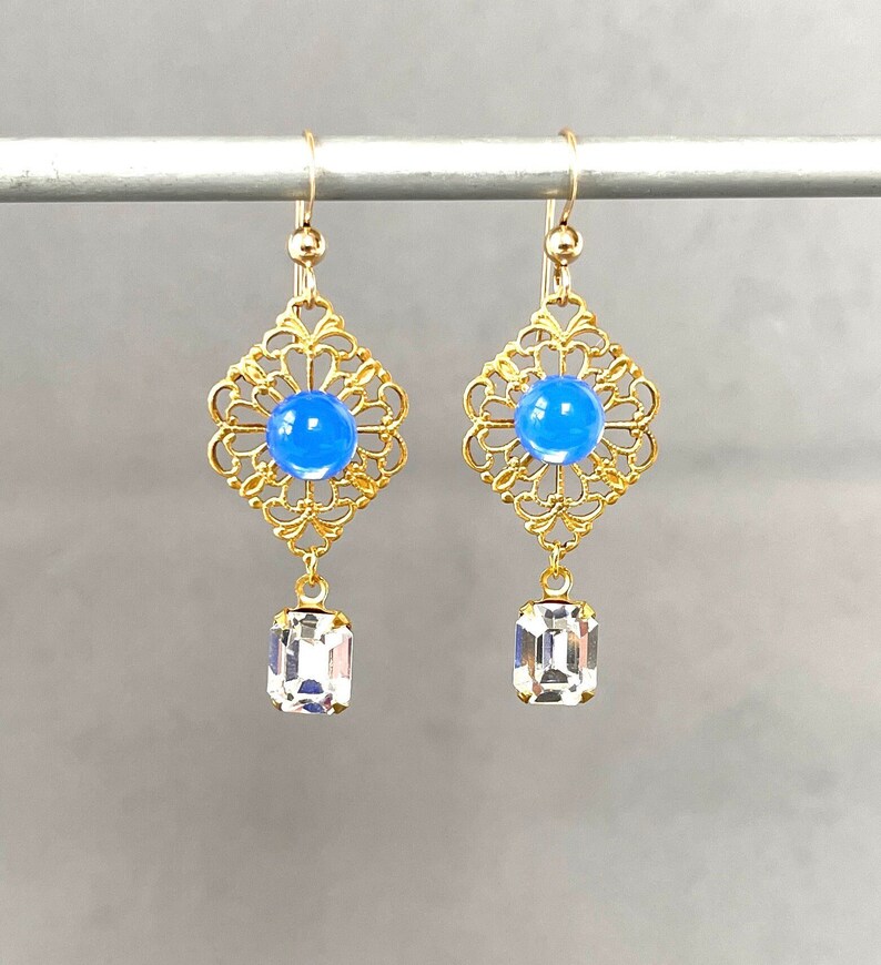 Vintage Filigree Blue Opal Glass Clear Crystal Vintage Octagon Pierced Delicate Lacy Lightweight Statement Earring image 2