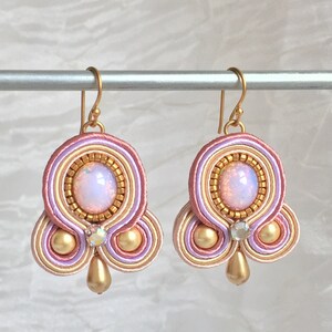 Large Opal Earrings - Soutache Embroidery - Vintage Japan Glass - Pink Lamp Work - Hand Embroidered - October Birthstone - Long Statement