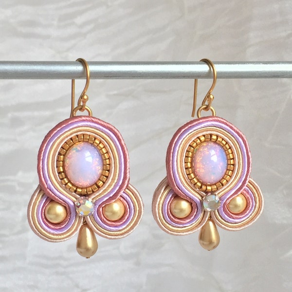 Large Opal Earrings - Pink Opal Soutache - Hand Embroidered - October Birthstone