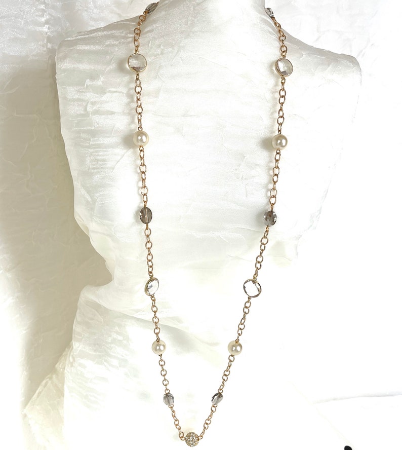 Glass Pearl Chain Long Crystal Station Opera Length Pearls Vintage Cream Pearls Pave Crystal Beaded Bild 5