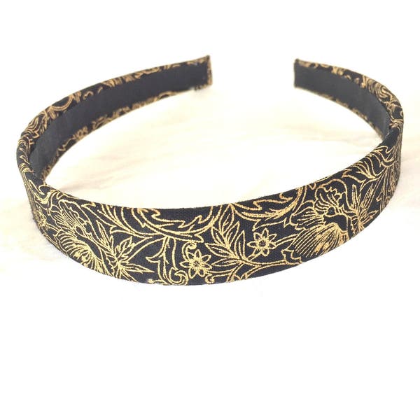 Gold Metallic Print - Abstract Floral - Back to School - Ready to Ship Gift - Flowered Hairband - Black Cocktail Hat