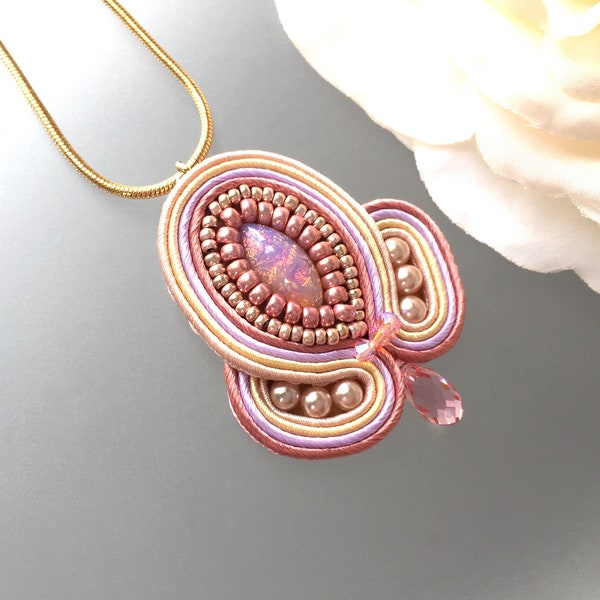 Opal Marquise - Embroidered Pendant - October Birthstone - Pink Opal Jewelry - Large Statement - Beaded Gold Bijoux