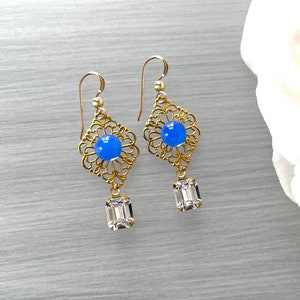 Vintage Filigree Blue Opal Glass Clear Crystal Vintage Octagon Pierced Delicate Lacy Lightweight Statement Earring image 4