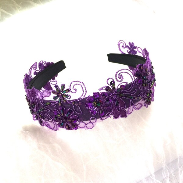 Sequined Lace Violet - Purple Beaded Floral - Flower Hairband - Violet Cocktail Hat - Princess Outfit - Pageant Hairband - Purple Wedding