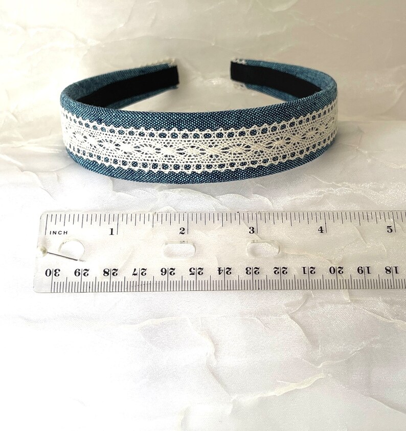 Denim Hairband Linen Cotton Blend Navy Chambray Stonewash Denim Crocheted Lace Cream Off White Back to School Girl Summer image 3