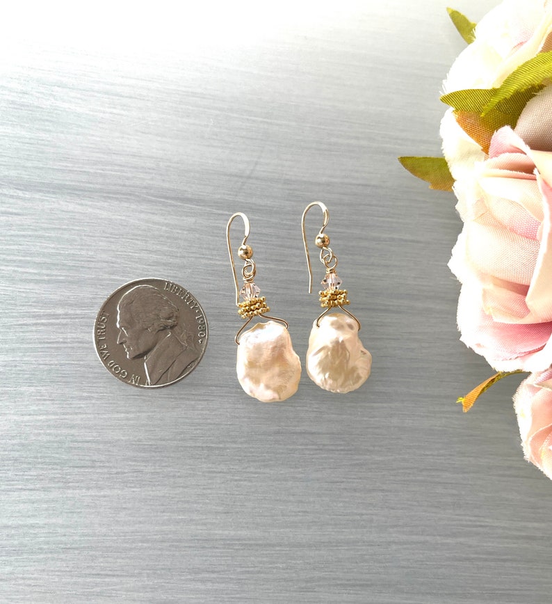 Large Keshi Pearls Natural Shape Baroque Pearl Light Pink Blush Biwa Pearl Earring Champagne Keshis Gold Pearl Earring image 5
