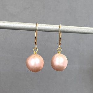 Large Round Pearls Pink Blush Mauve Gold Lever Backs 11mm Pearl Bobs Light Pink Pearl Statement Pearls Classic Pearl Drop image 4