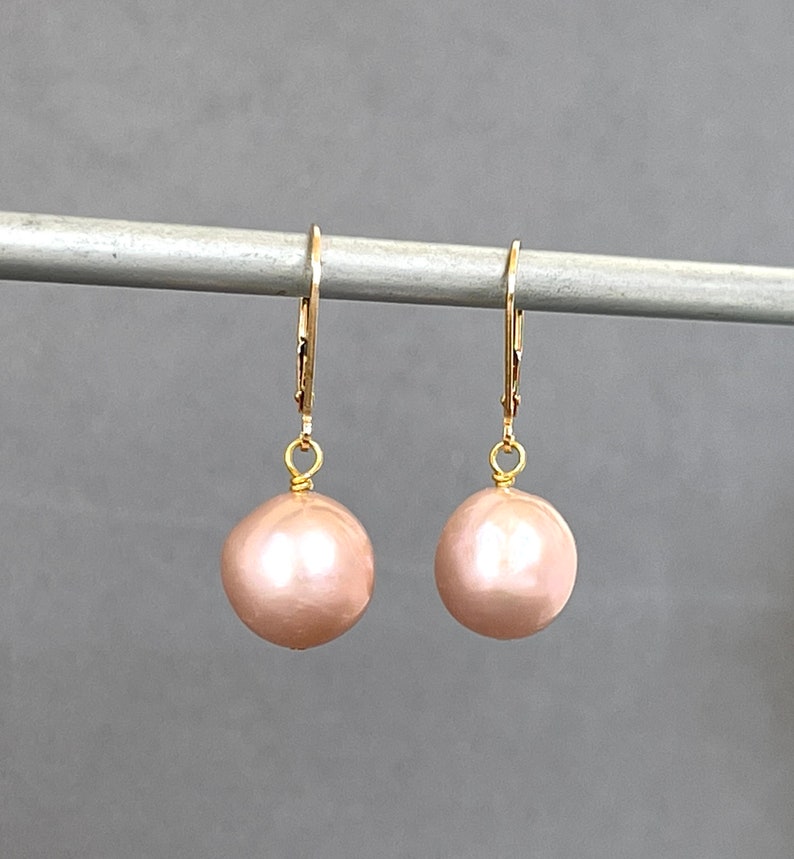 Large Round Pearls Pink Blush Mauve Gold Lever Backs 11mm Pearl Bobs Light Pink Pearl Statement Pearls Classic Pearl Drop image 4