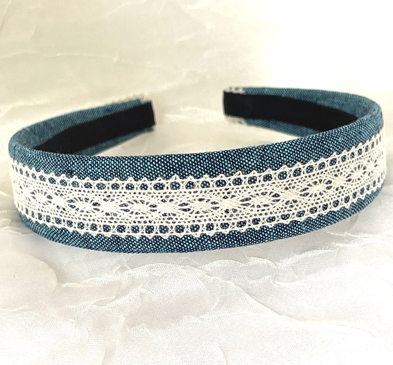 Denim Hairband Linen Cotton Blend Navy Chambray Stonewash Denim Crocheted Lace Cream Off White Back to School Girl Summer image 4