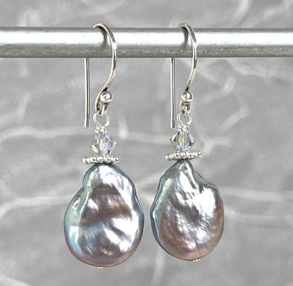 Coin Pearl Earrings - Large Silver Baroque - Natural  Lustrous Fresh‎ Water Pearl and Crystal Silver Earrings main image 0