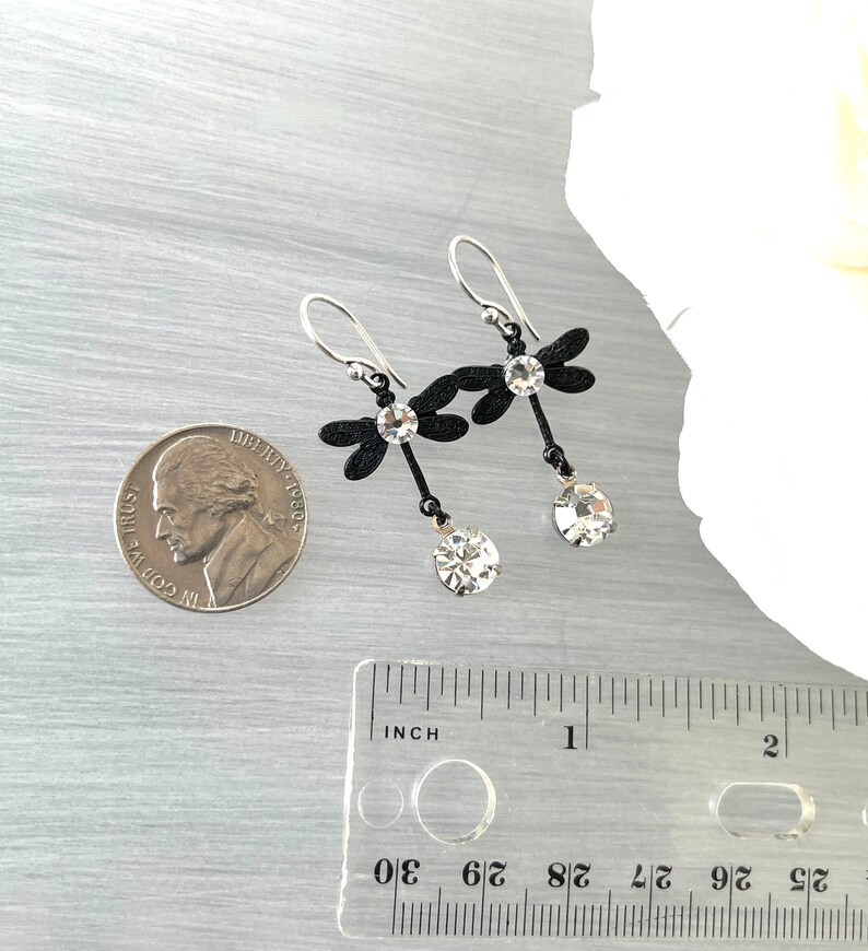 Small Dragonfly Black Dragonflies Crystal Dangle Lightweight Insect Petite Dainty Statement Earrings Butterfly Dangles image 3