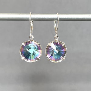 Large Vitrail Light Austrian Crystal Color Changing Pale Blue Lavender Pointed Rivoli Silver Lever Back Statement Earring image 1