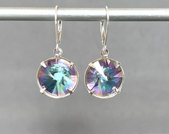 Large Vitrail Light - Austrian Crystal - Color Changing - Pale Blue Lavender - Pointed Rivoli - Silver Lever Back - Statement Earring