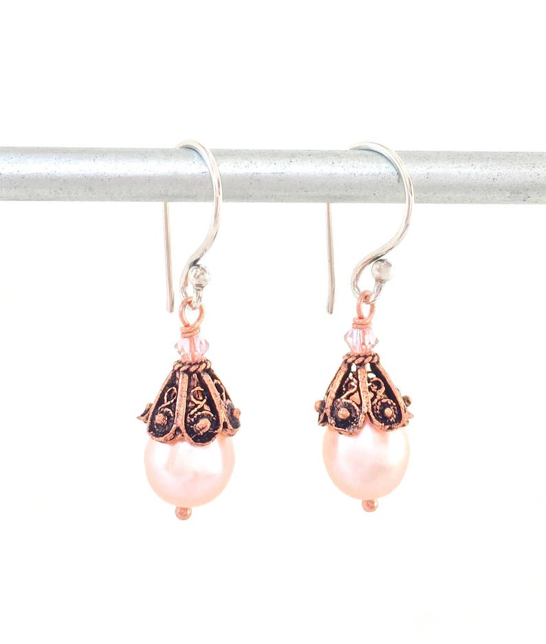 Copper Pearl Earring Pink Pearl Earrings Copper Filigree Etsy