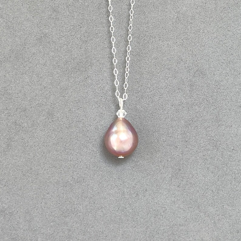 Large Baroque Pearl Dark Mauve Biwa 18 Inch Sterling Pearl Solitaire Keshi Pendant Dainty Delicate Pink Satin Pearls Classic image 2