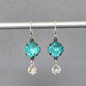 Rare Vintage Crystal Incised Diamond Large Unique Aqua Aquamarine Glass Patterned Glass Laser Cut Crystal Statement Earring image 7