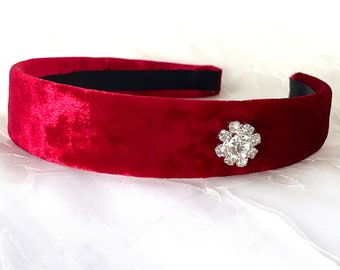 Jeweled Velveteen - Velvet Hairband Red - Christmas Hairband - Clear Crystal Flower - Velvet Cocktail Hat