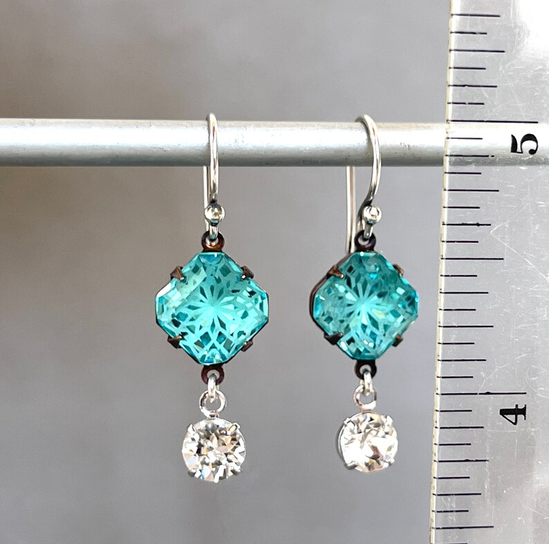 Rare Vintage Crystal Incised Diamond Large Unique Aqua Aquamarine Glass Patterned Glass Laser Cut Crystal Statement Earring image 6