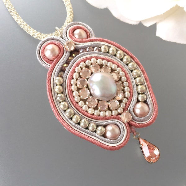 Soutache Pendant - Pink Pearl Necklace - Statement Necklace - Embroidered - Pearl Beaded Bijoux - Large