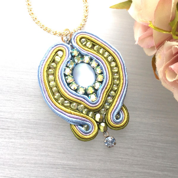 Soutache Pendant - Blue Medallion - Embroidered Jewelry - Statement Necklace - Blue Beaded Bijoux
