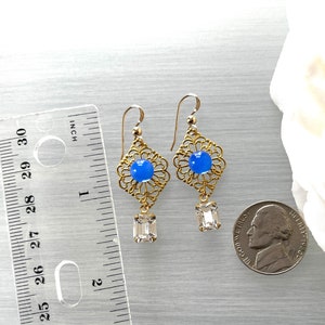 Vintage Filigree Blue Opal Glass Clear Crystal Vintage Octagon Pierced Delicate Lacy Lightweight Statement Earring image 3