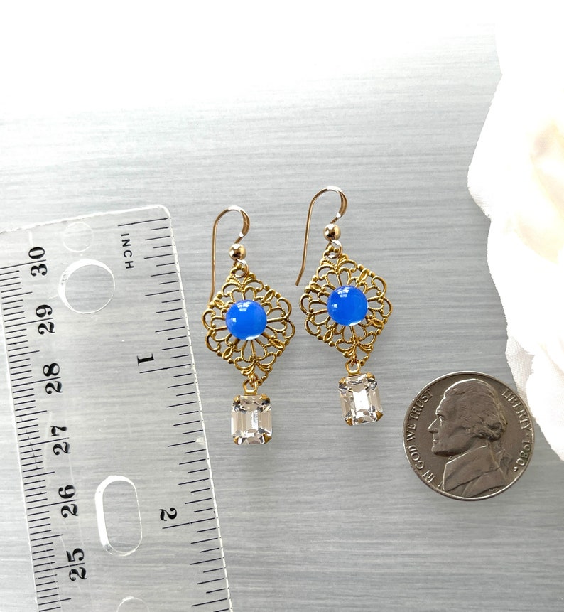 Vintage Filigree Blue Opal Glass Clear Crystal Vintage Octagon Pierced Delicate Lacy Lightweight Statement Earring image 3