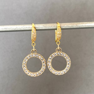 Cubic Zirconia Hoops CZ Hoop Pave Crystal Small Hoop Earring Dressy Circular Large Round Hoop Matte Gold Pave Formal Occasion image 3