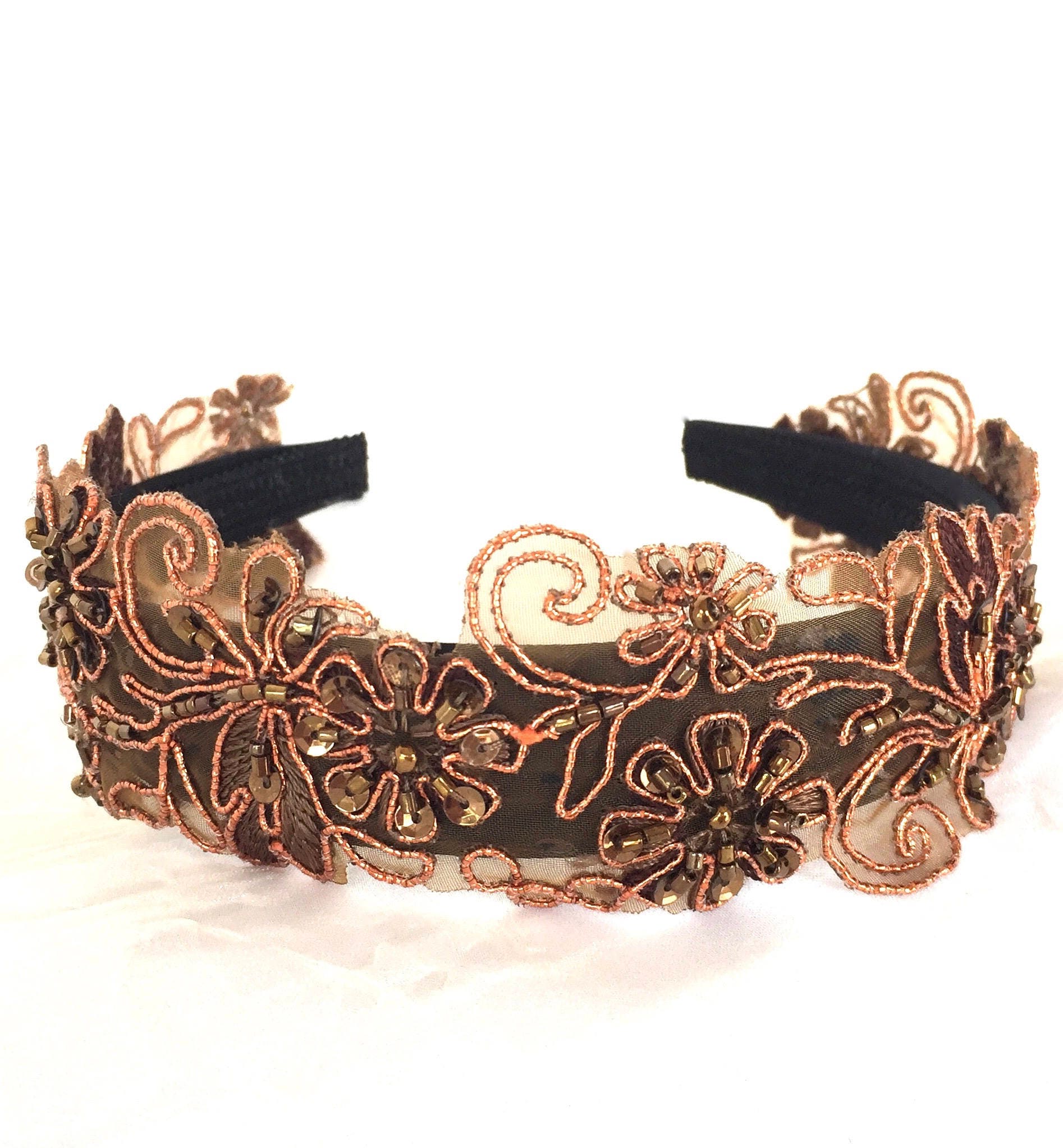 Hairband Bronze Lace Flower Hairband Copper Sequin Beaded - Etsy
