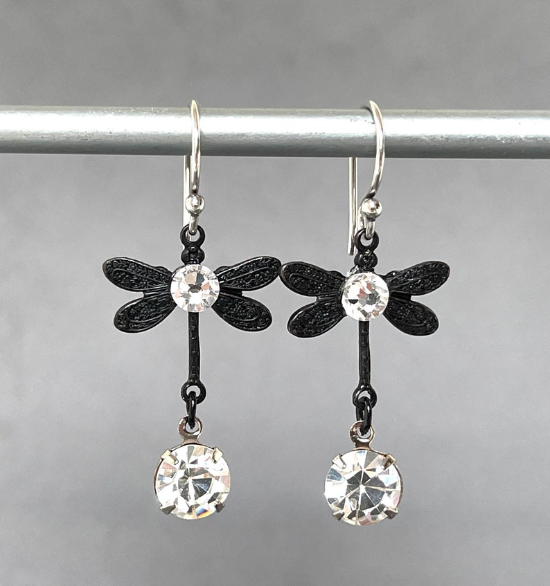 Small Dragonfly Black Dragonflies Crystal Dangle Lightweight Insect Petite Dainty Statement Earrings Butterfly Dangles image 1