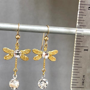 Brass Dragonflies Crystal Dragonfly Vintage Gold Petite Insect Lightweight Flies Delicate Dainty Statement Earrings Butterfly image 2