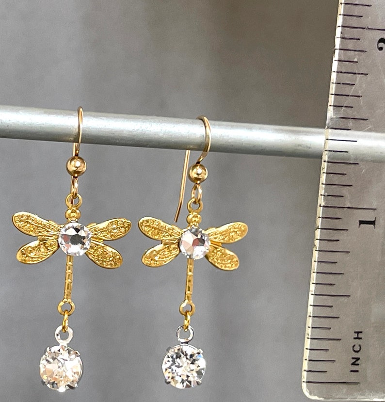 Brass Dragonflies Crystal Dragonfly Vintage Gold Petite Insect Lightweight Flies Delicate Dainty Statement Earrings Butterfly image 2