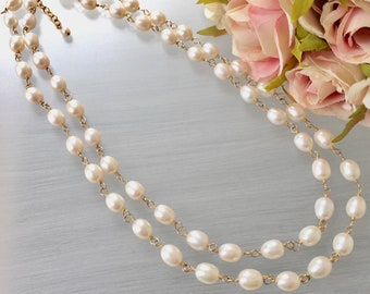 Two Strand Pearl Bib - Kamala Style Pearls - Ready to Ship Gift - June Birthstone - Pearl Station Chain