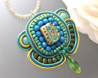 Soutache Pendant - Turquoise Necklace - Embroidered Jewelry - Large Medallion - Painted Porcelain