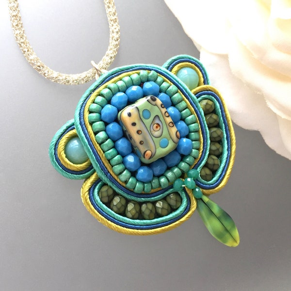 Soutache Pendant - Turquoise Necklace - Embroidered Jewelry - Large Medallion - Painted Porcelain