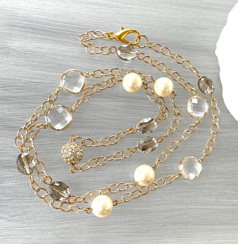 Glass Pearl Chain Long Crystal Station Opera Length Pearls Vintage Cream Pearls Pave Crystal Beaded Bild 1