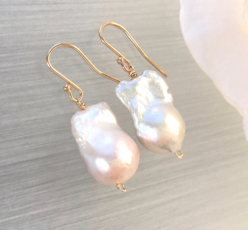 Baroque Pearls 14 Karat Gold Large Pearl Earrings Natural Pearls Baroque Pearl Drop image 1