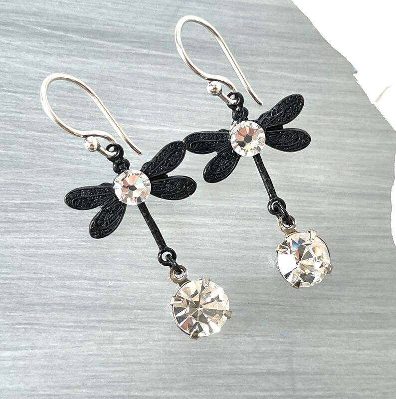 Small Dragonfly Black Dragonflies Crystal Dangle Lightweight Insect Petite Dainty Statement Earrings Butterfly Dangles image 2