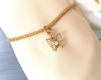 Butterfly Anklet - Gold Butterfly Charm - Gold Capture Chain - 12mm Gold Plated - Gold Charm Bracelet