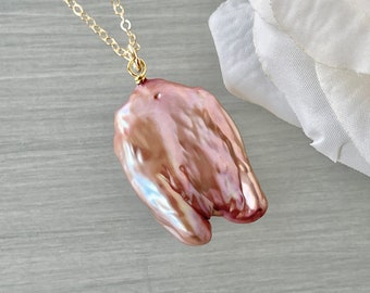 Large Baroque Pearl - Mauve Biwa Pendant - Salmon Keshi Pearls - June Birthstone - Dark Pink Rose Gold - Minimalist Delicate - Statement