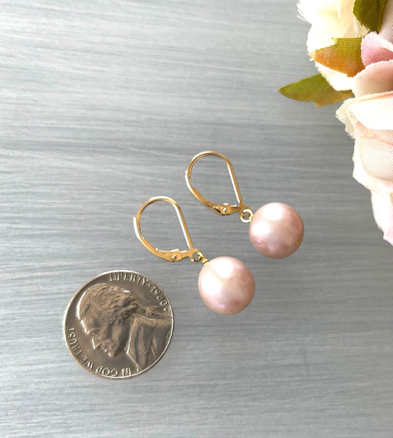 Large Round Pearls Pink Blush Mauve Gold Lever Backs 11mm Pearl Bobs Light Pink Pearl Statement Pearls Classic Pearl Drop image 5