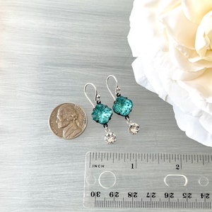 Rare Vintage Crystal Incised Diamond Large Unique Aqua Aquamarine Glass Patterned Glass Laser Cut Crystal Statement Earring image 2