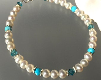 Pearl Turquoise - Crystal Bangle - Ready to Ship Gift - Turquoise Wedding - December Birthstone - Turquoise Bangle - Bridesmaid Pearls